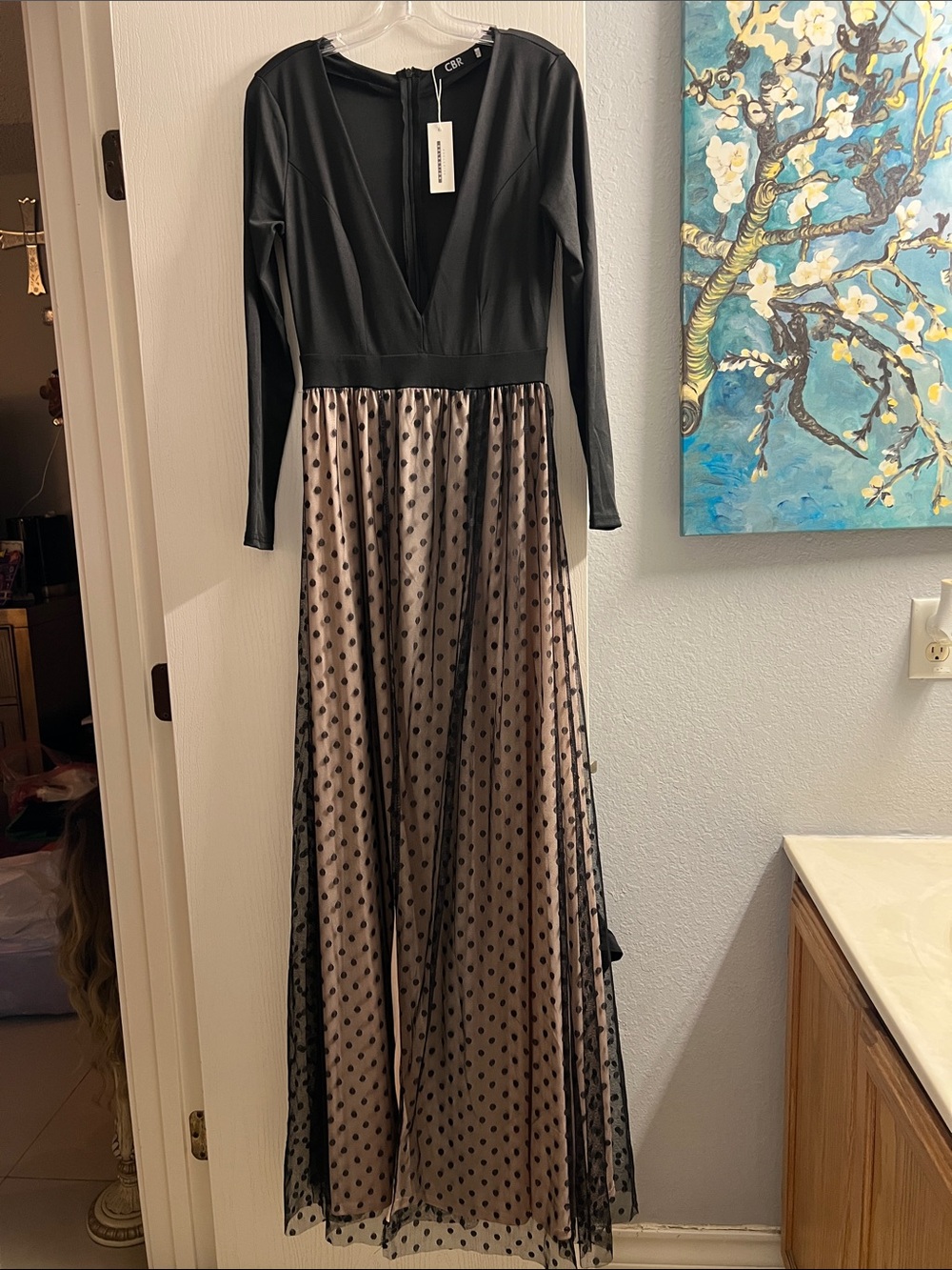CBR Black & Nude Polka Dot Long-Sleeve Maxi Gown